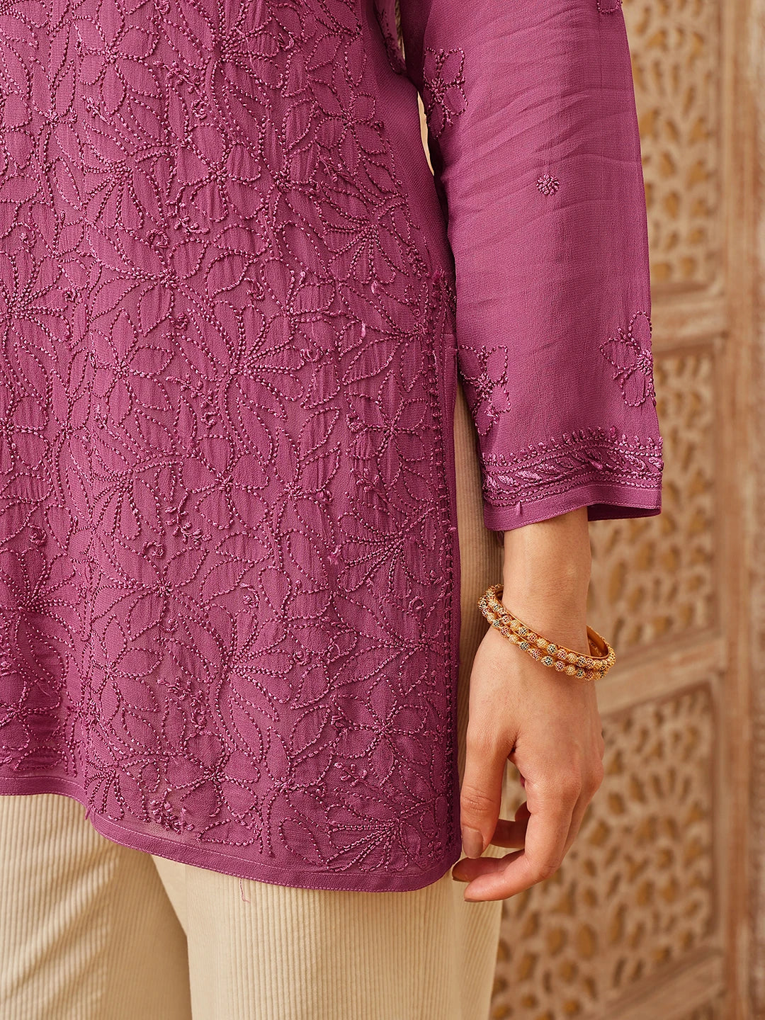 Ada Hand Embroidered Purple Georgette Lucknowi Chikankari Short Kurti A911544