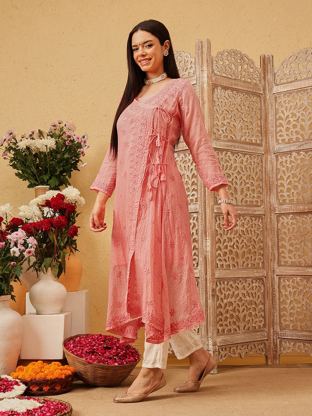 Ada Hand Embroidered Peach Kota Lucknow Chikankari Angarkha Kurta with Slip A411799