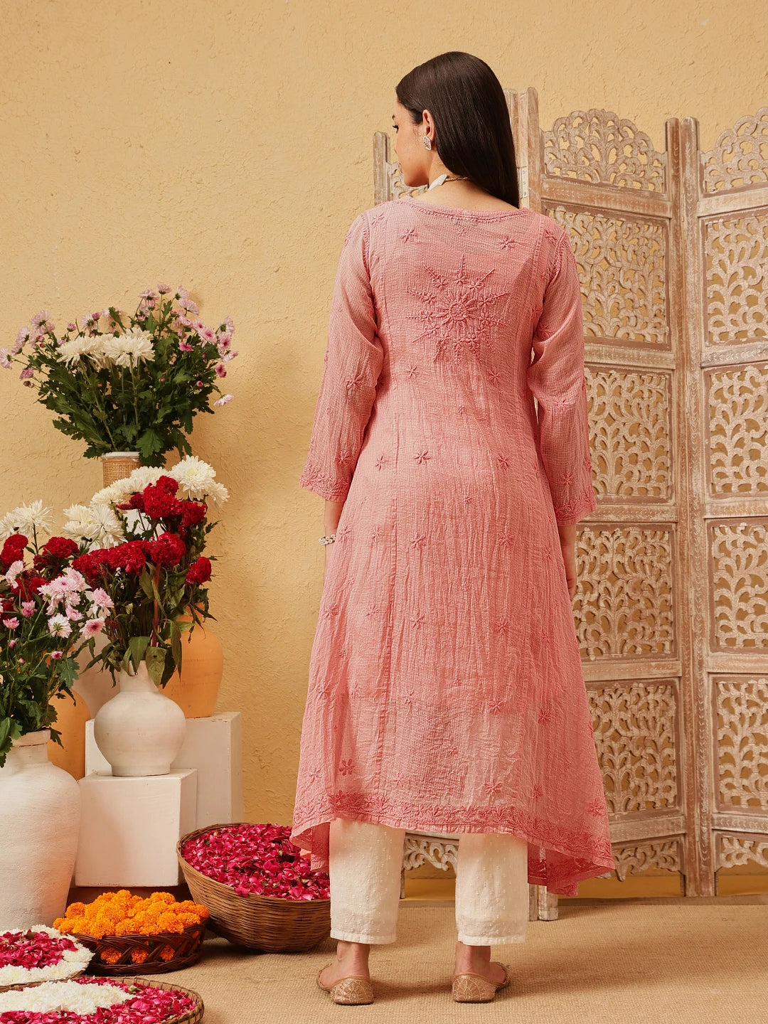 Ada Hand Embroidered Peach Kota Lucknow Chikankari Angarkha Kurta with Slip A411799