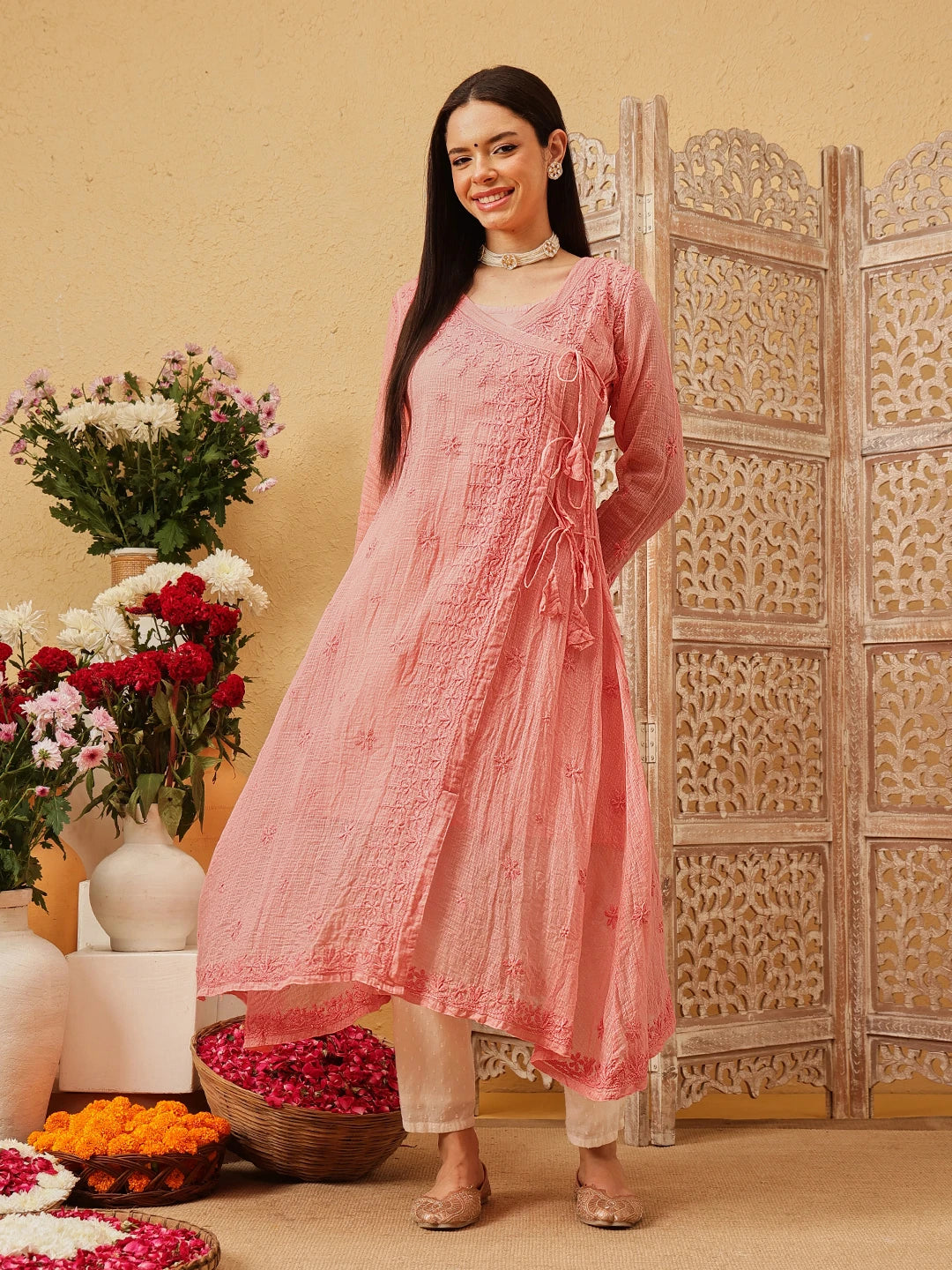 Ada Hand Embroidered Peach Kota Lucknow Chikankari Angarkha Kurta with Slip A411799