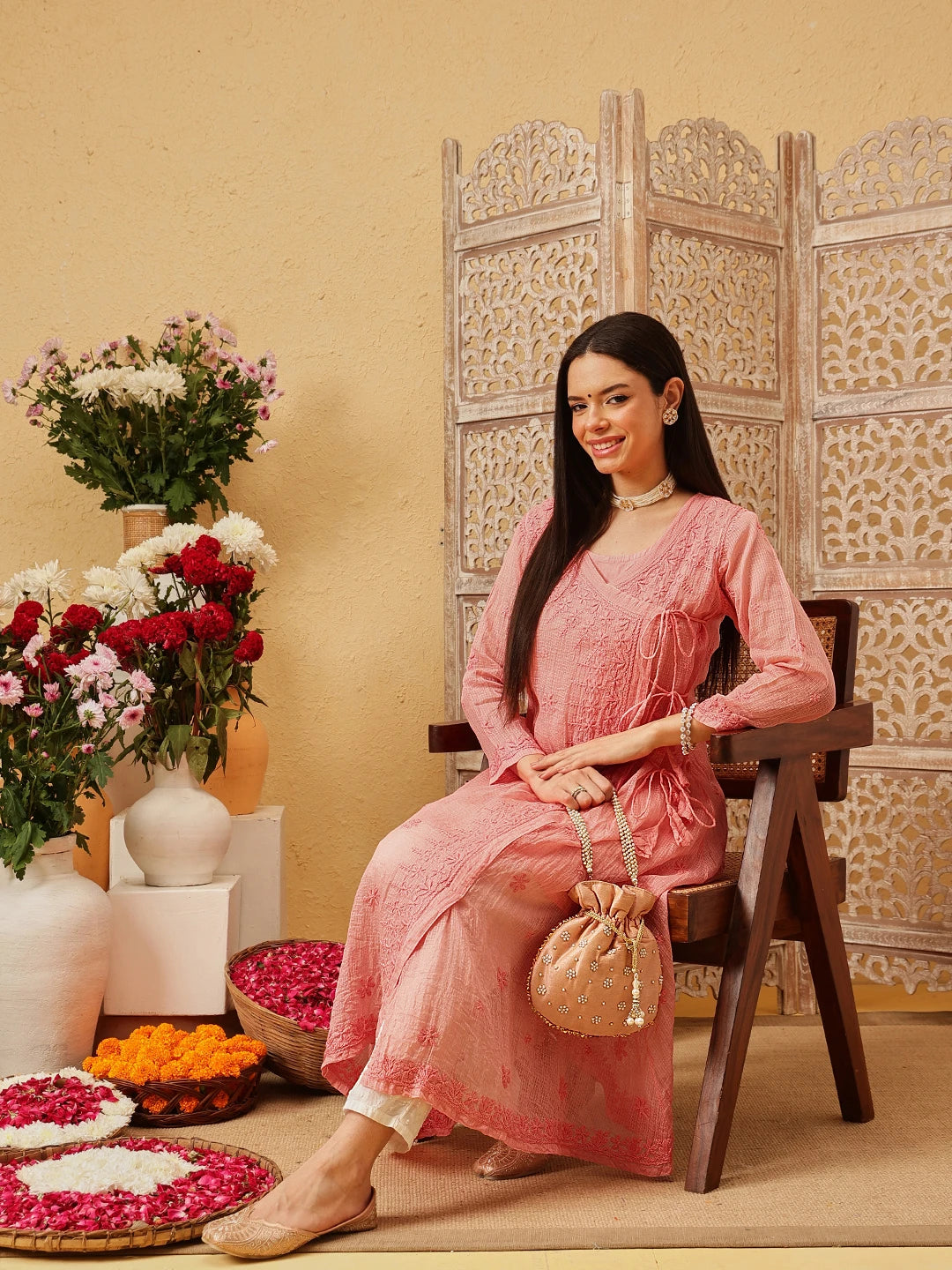 Ada Hand Embroidered Peach Kota Lucknow Chikankari Angarkha Kurta with Slip A411799