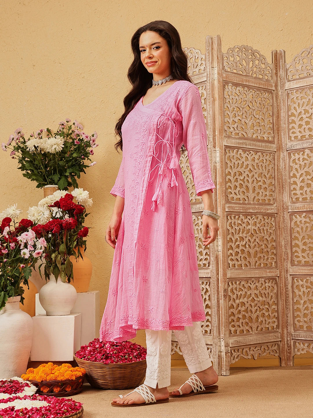 Ada Hand Embroidered Pink Kota Lucknow Chikankari Angarkha Kurta with Slip A411798
