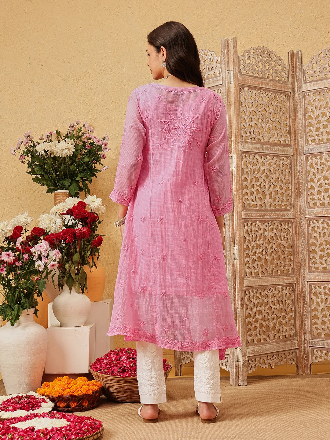 Ada Hand Embroidered Pink Kota Lucknow Chikankari Angarkha Kurta with Slip A411798