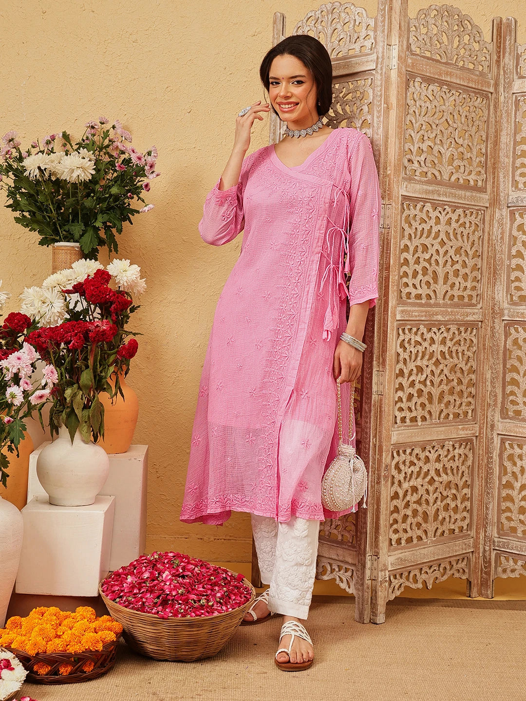 Ada Hand Embroidered Pink Kota Lucknow Chikankari Angarkha Kurta with Slip A411798