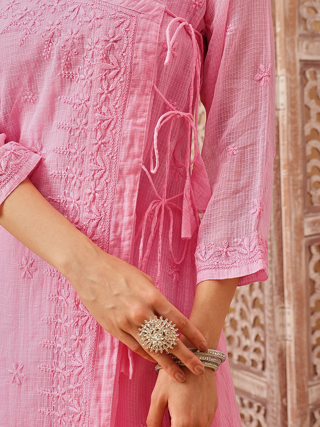 Ada Hand Embroidered Pink Kota Lucknow Chikankari Angarkha Kurta with Slip A411798