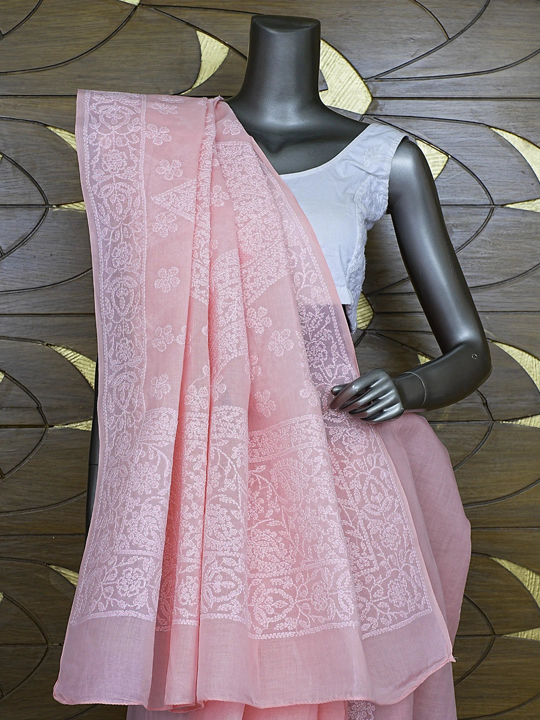 Ada Hand Embroidered Pink Cotton Lucknowi Chikankari Saree With Blouse 01A872939