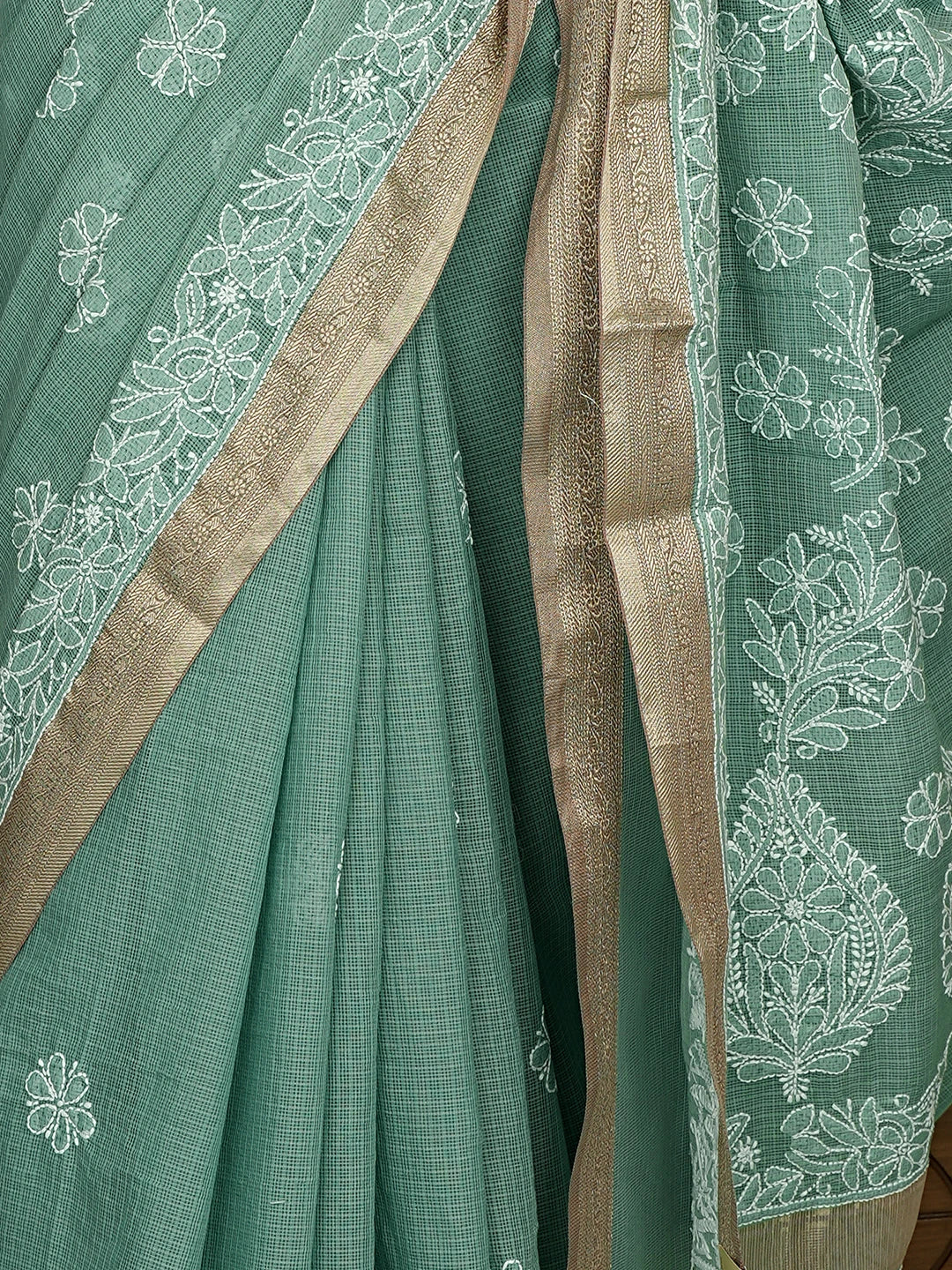Ada Hand Embroidered Teal Green Chanderi Lucknowi Chikankari Saree With Blouse 01A876384