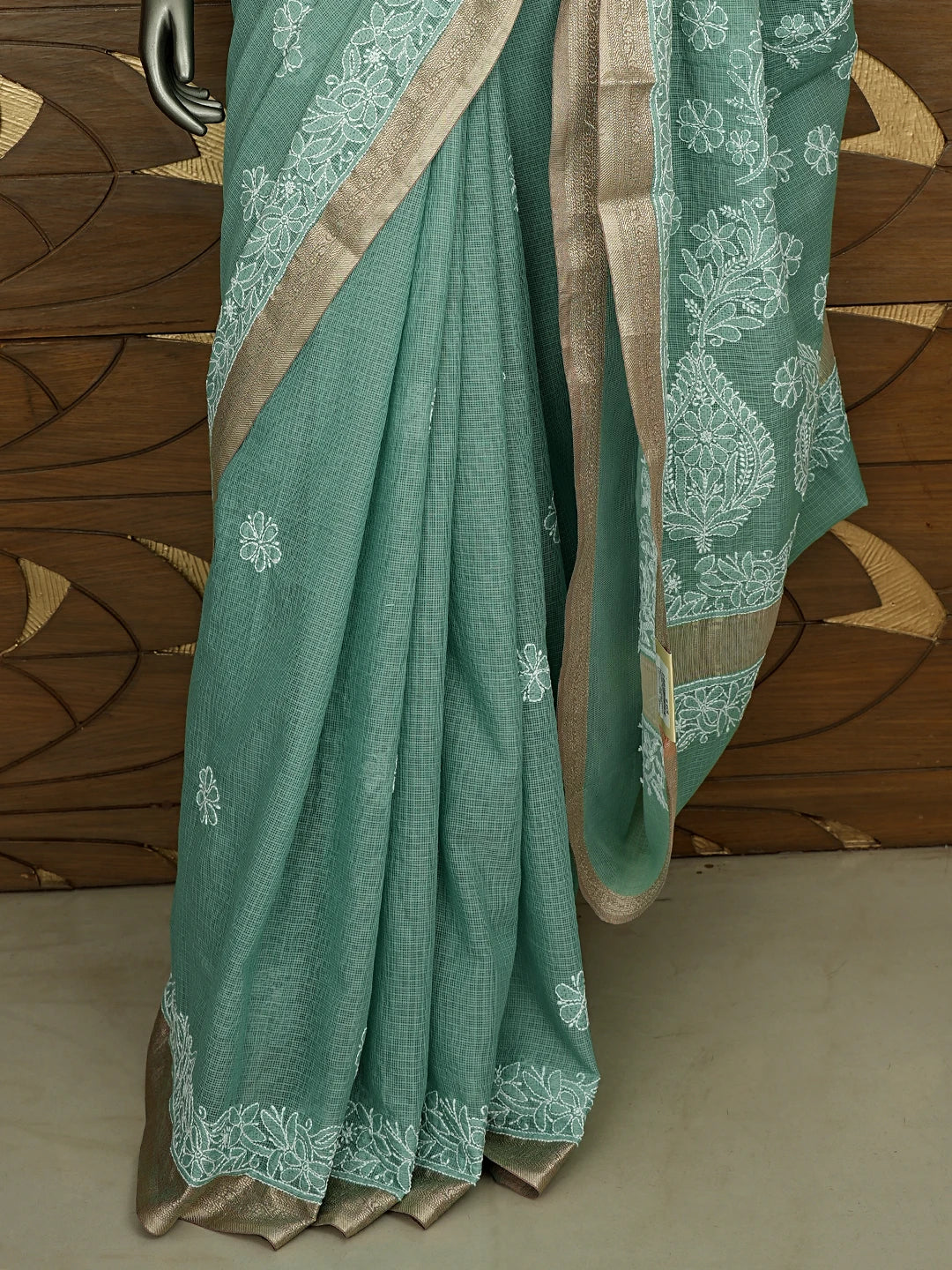 Ada Hand Embroidered Teal Green Chanderi Lucknowi Chikankari Saree With Blouse 01A876384