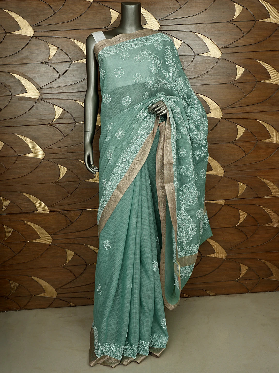 Ada Hand Embroidered Teal Green Chanderi Lucknowi Chikankari Saree With Blouse 01A876384