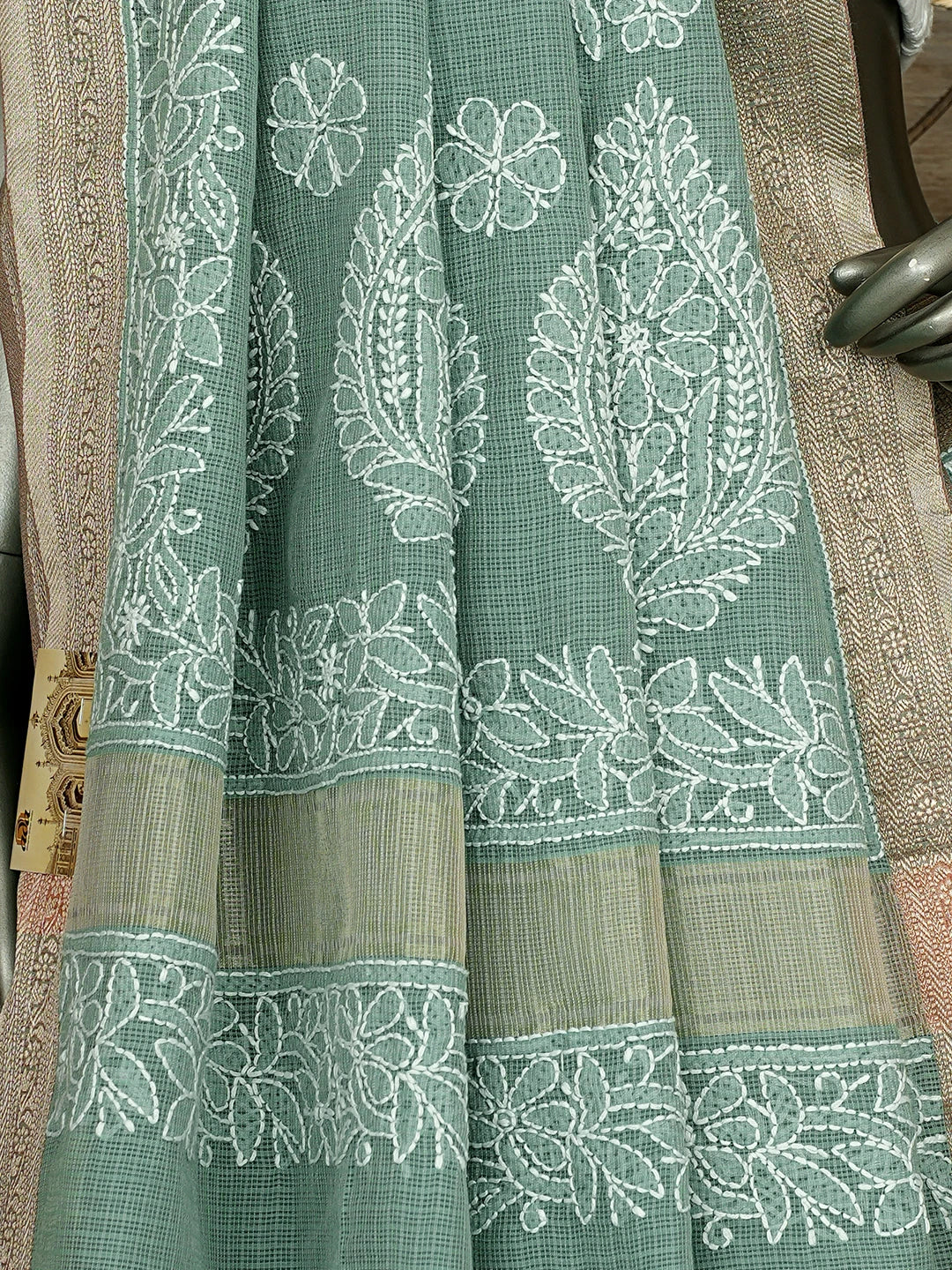 Ada Hand Embroidered Teal Green Chanderi Lucknowi Chikankari Saree With Blouse 01A876384