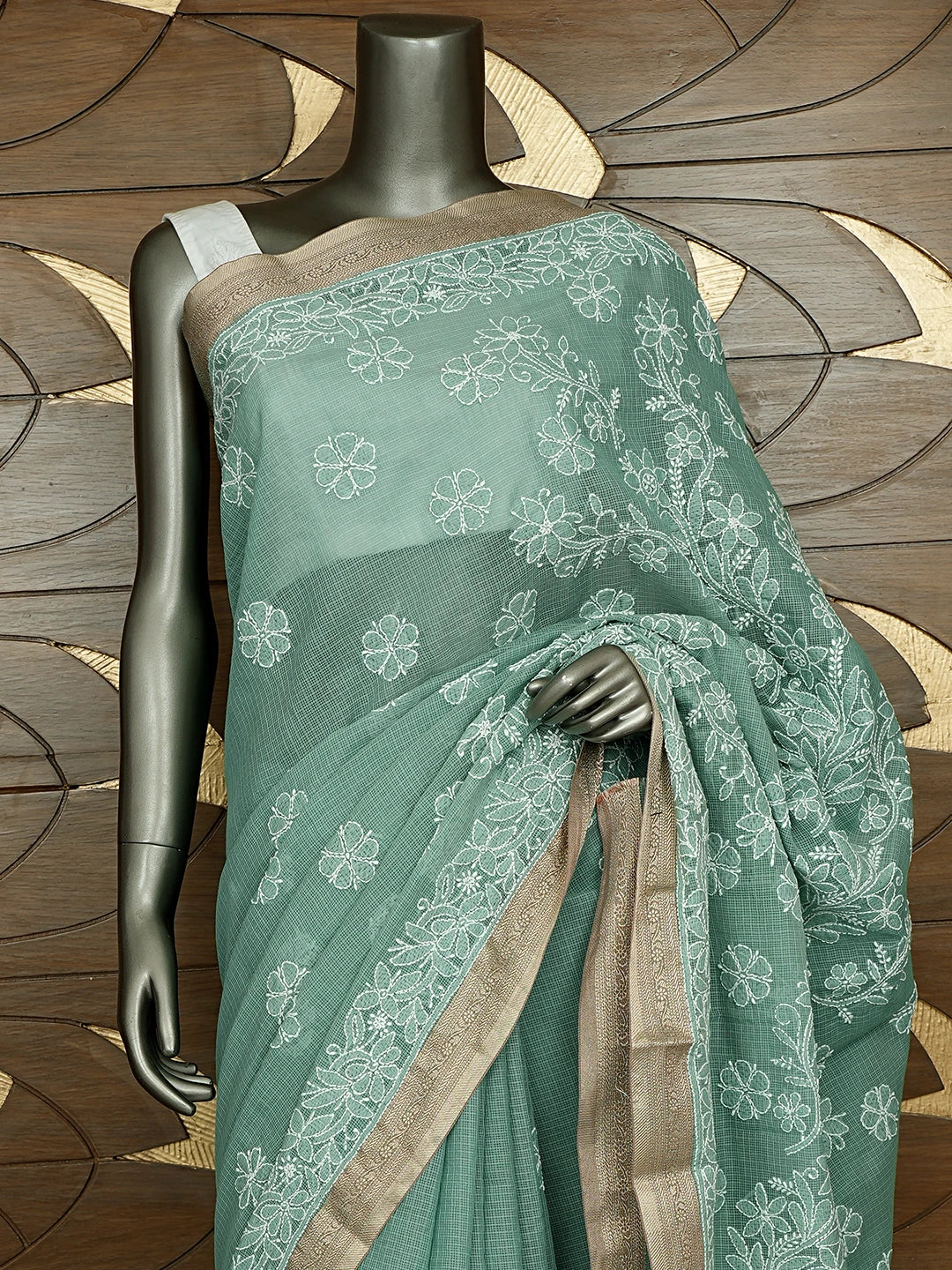 Ada Hand Embroidered Teal Green Chanderi Lucknowi Chikankari Saree With Blouse 01A876384