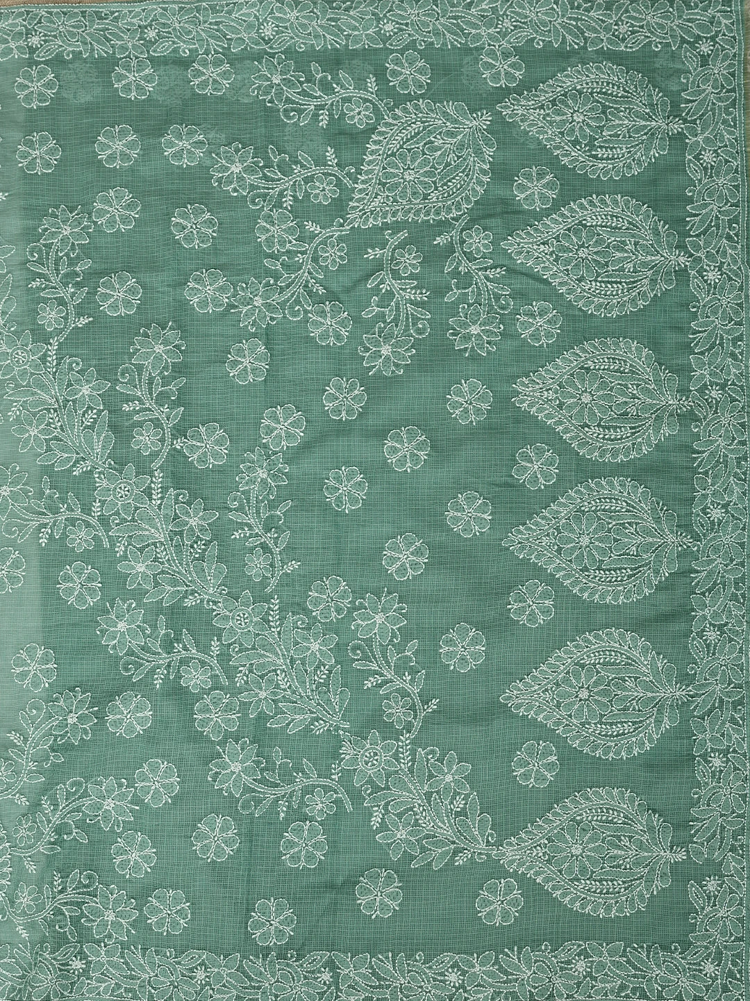 Ada Hand Embroidered Teal Green Chanderi Lucknowi Chikankari Saree With Blouse 01A876384