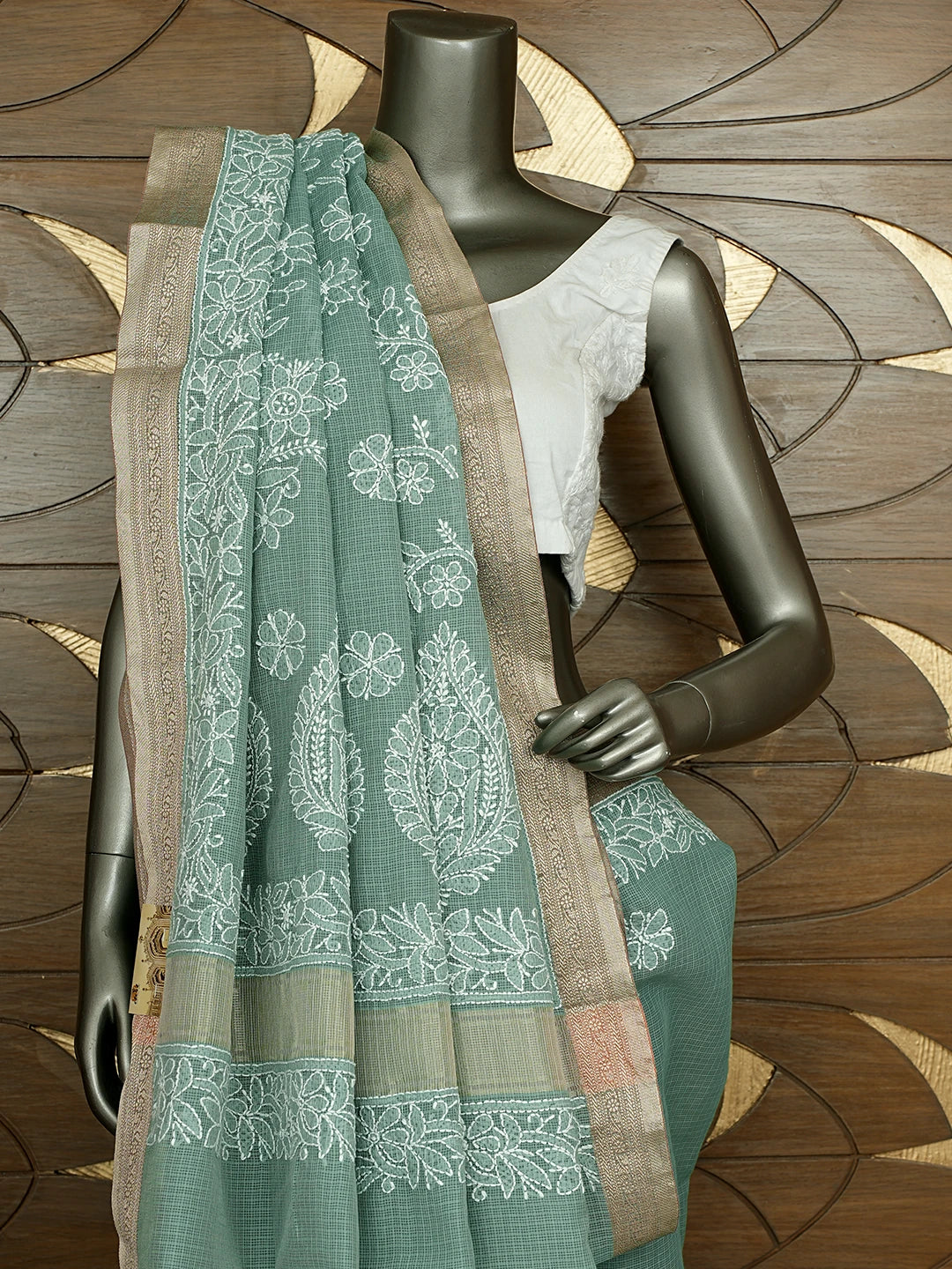 Ada Hand Embroidered Teal Green Chanderi Lucknowi Chikankari Saree With Blouse 01A876384