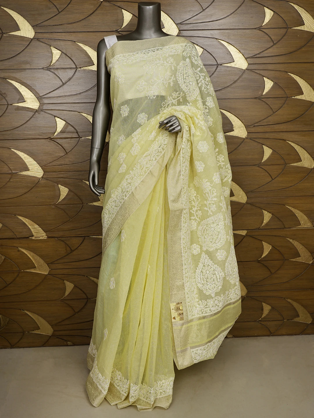 Ada Hand Embroidered Arylide Yellow  Chanderi Lucknowi Chikankari Saree With Blouse 01A876342