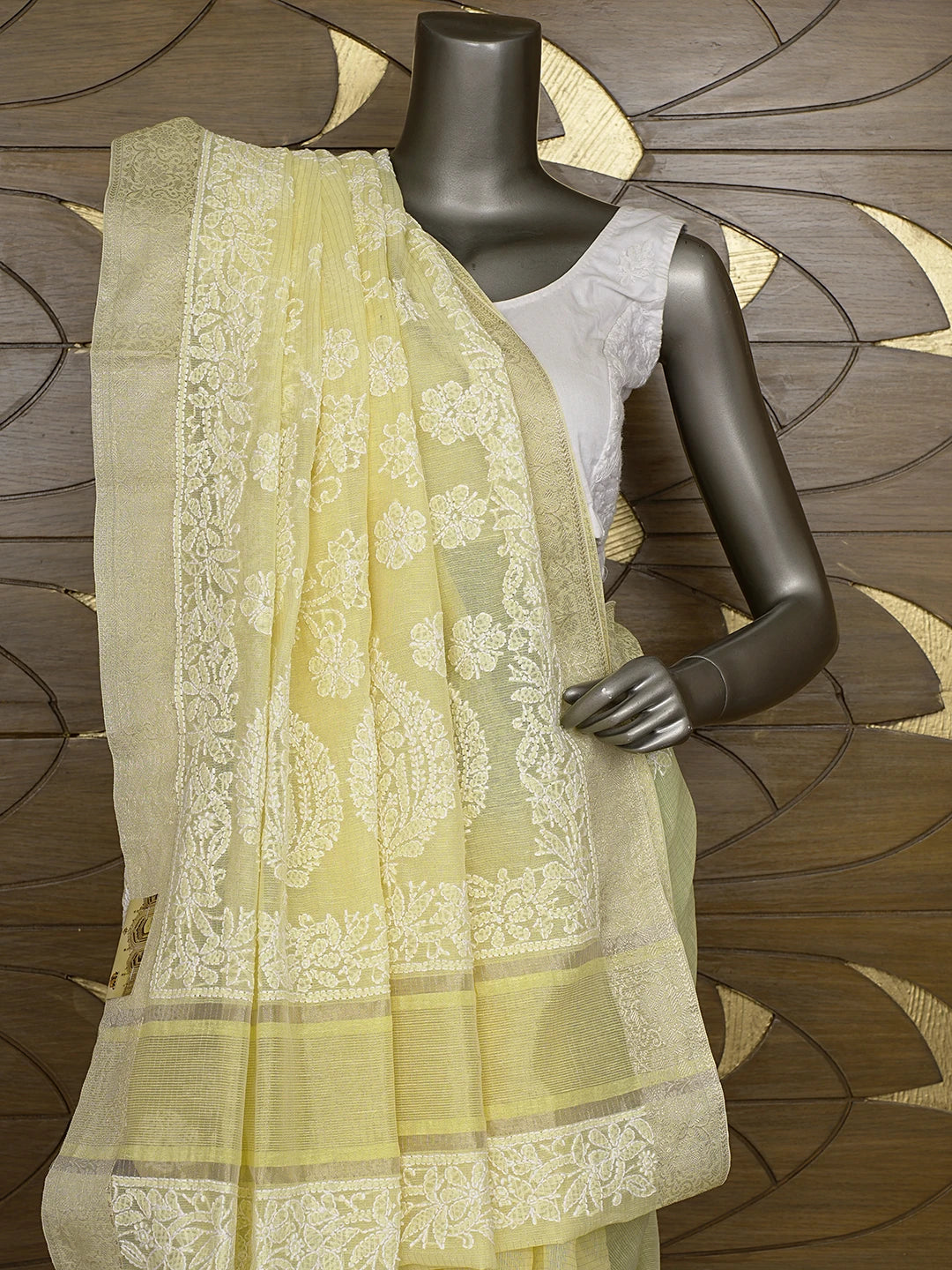 Ada Hand Embroidered Arylide Yellow  Chanderi Lucknowi Chikankari Saree With Blouse 01A876342