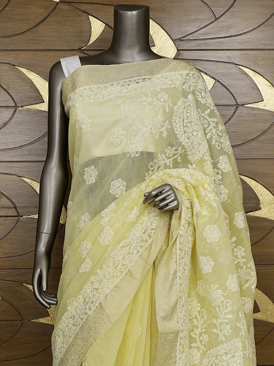 Ada Hand Embroidered Arylide Yellow  Chanderi Lucknowi Chikankari Saree With Blouse 01A876342
