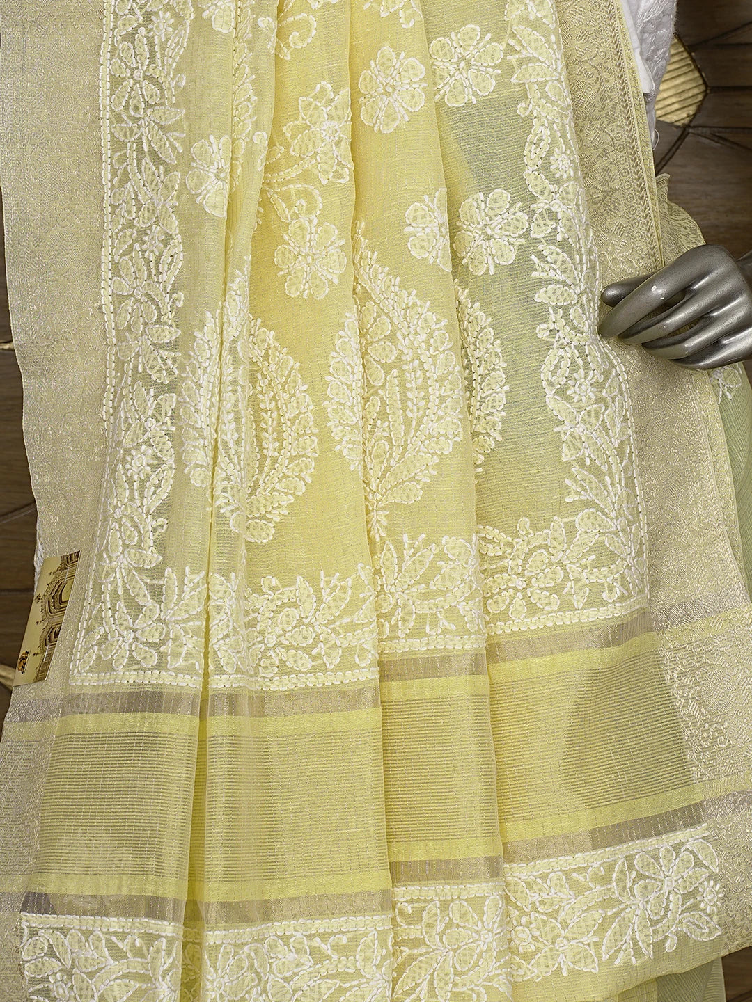 Ada Hand Embroidered Arylide Yellow  Chanderi Lucknowi Chikankari Saree With Blouse 01A876342