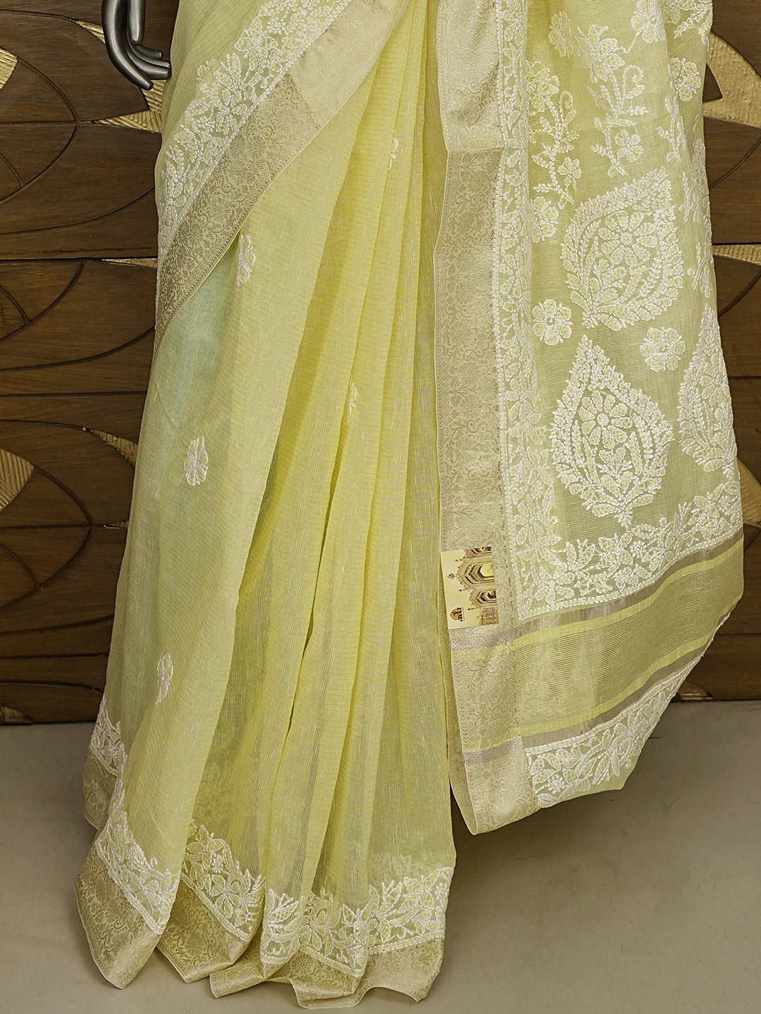Ada Hand Embroidered Arylide Yellow  Chanderi Lucknowi Chikankari Saree With Blouse 01A876342