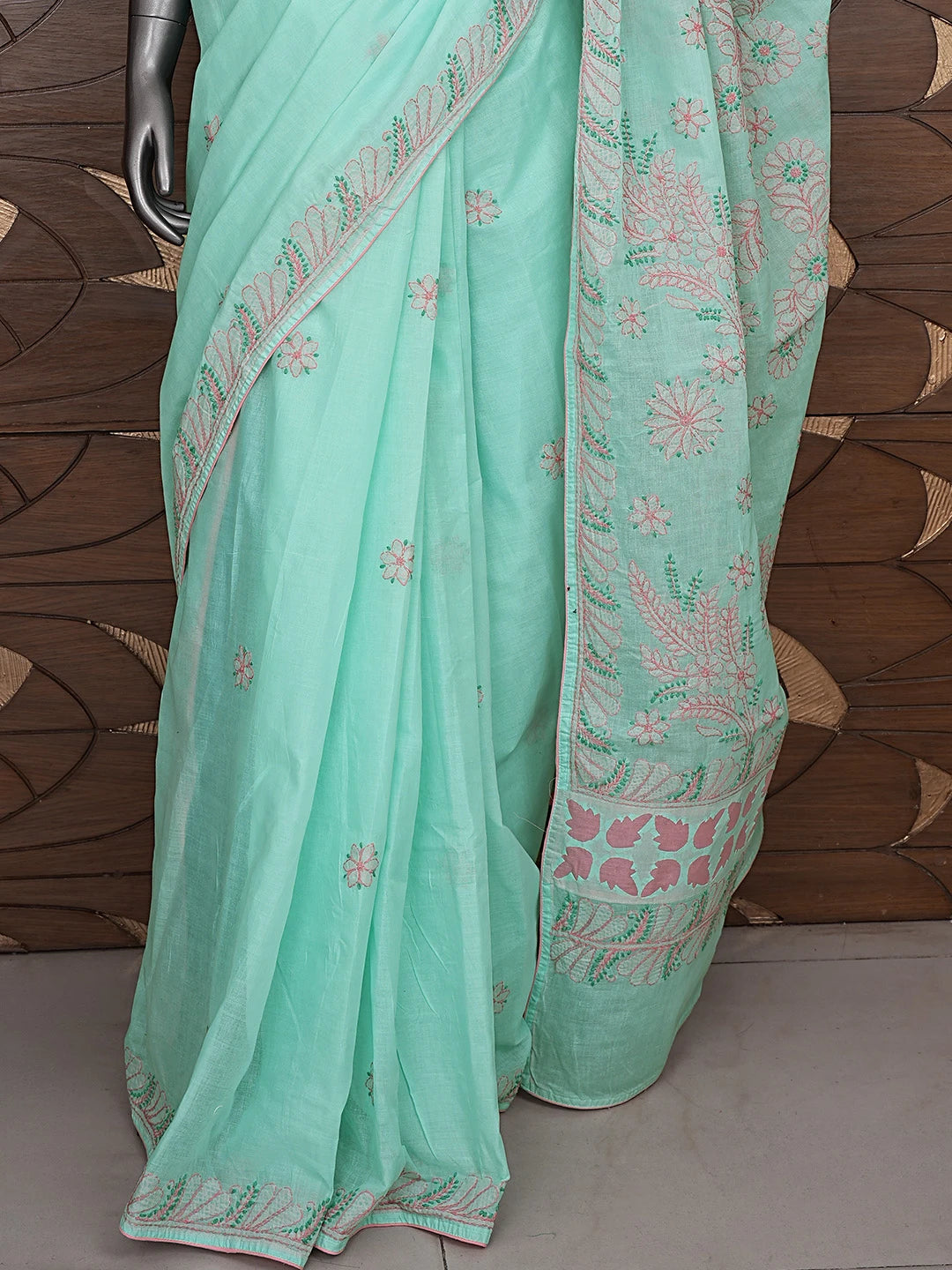 Ada Hand Embroidered Sea Green Cotton Lucknowi Chikankari Saree With Blouse 01A873031