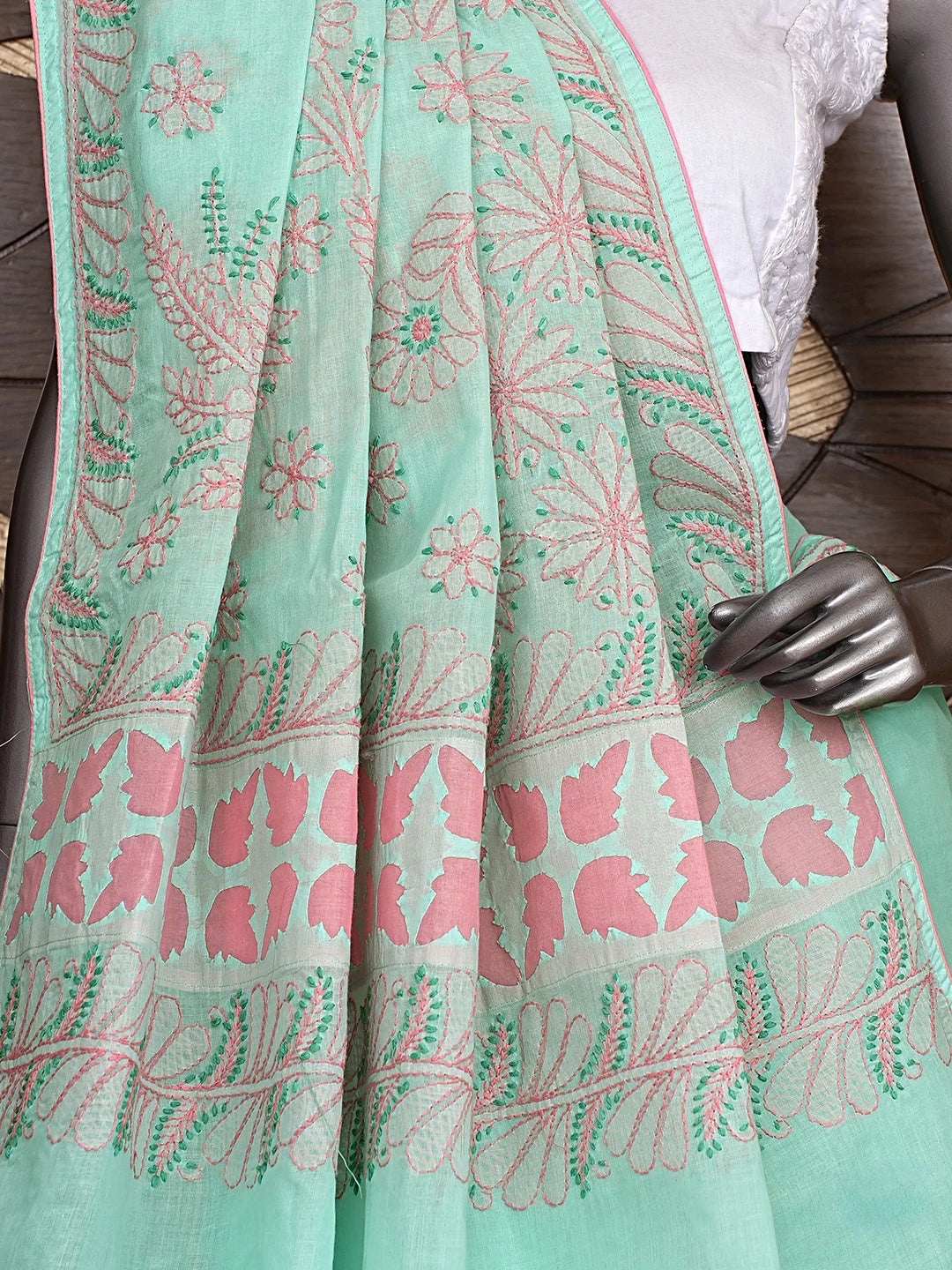 Ada Hand Embroidered Sea Green Cotton Lucknowi Chikankari Saree With Blouse 01A873031