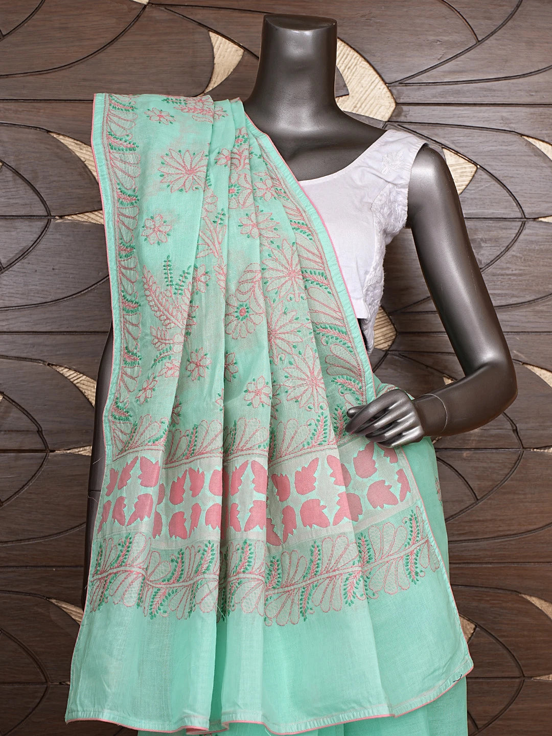 Ada Hand Embroidered Sea Green Cotton Lucknowi Chikankari Saree With Blouse 01A873031