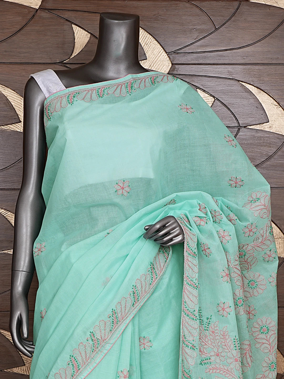 Ada Hand Embroidered Sea Green Cotton Lucknowi Chikankari Saree With Blouse 01A873031