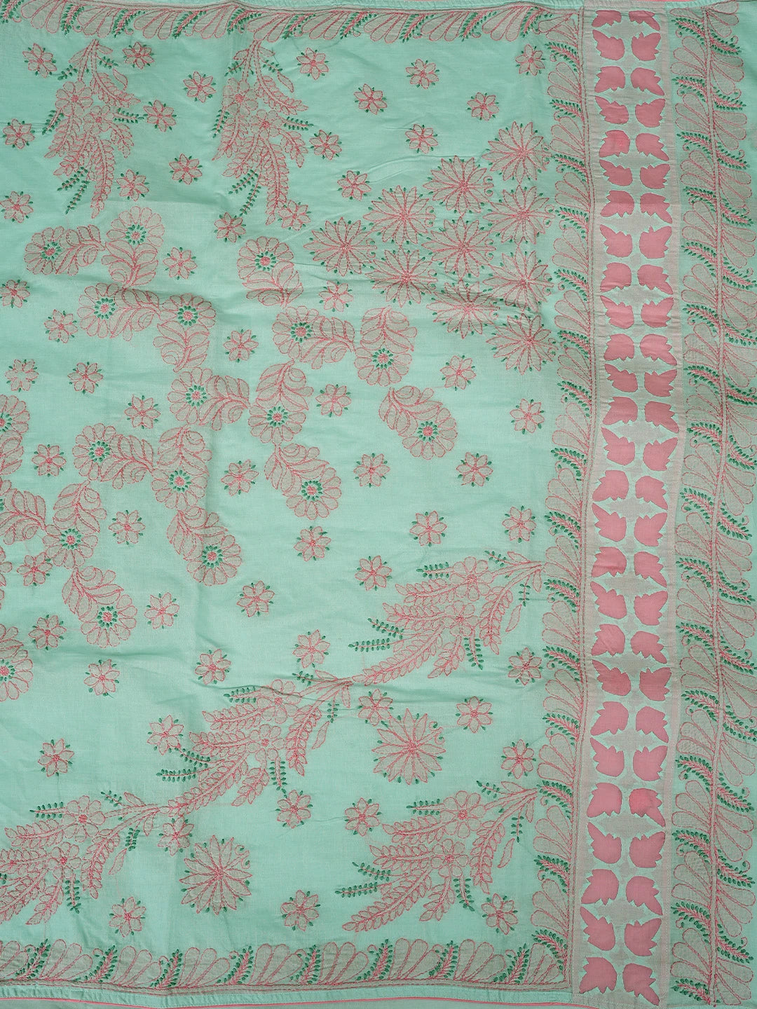 Ada Hand Embroidered Sea Green Cotton Lucknowi Chikankari Saree With Blouse 01A873031