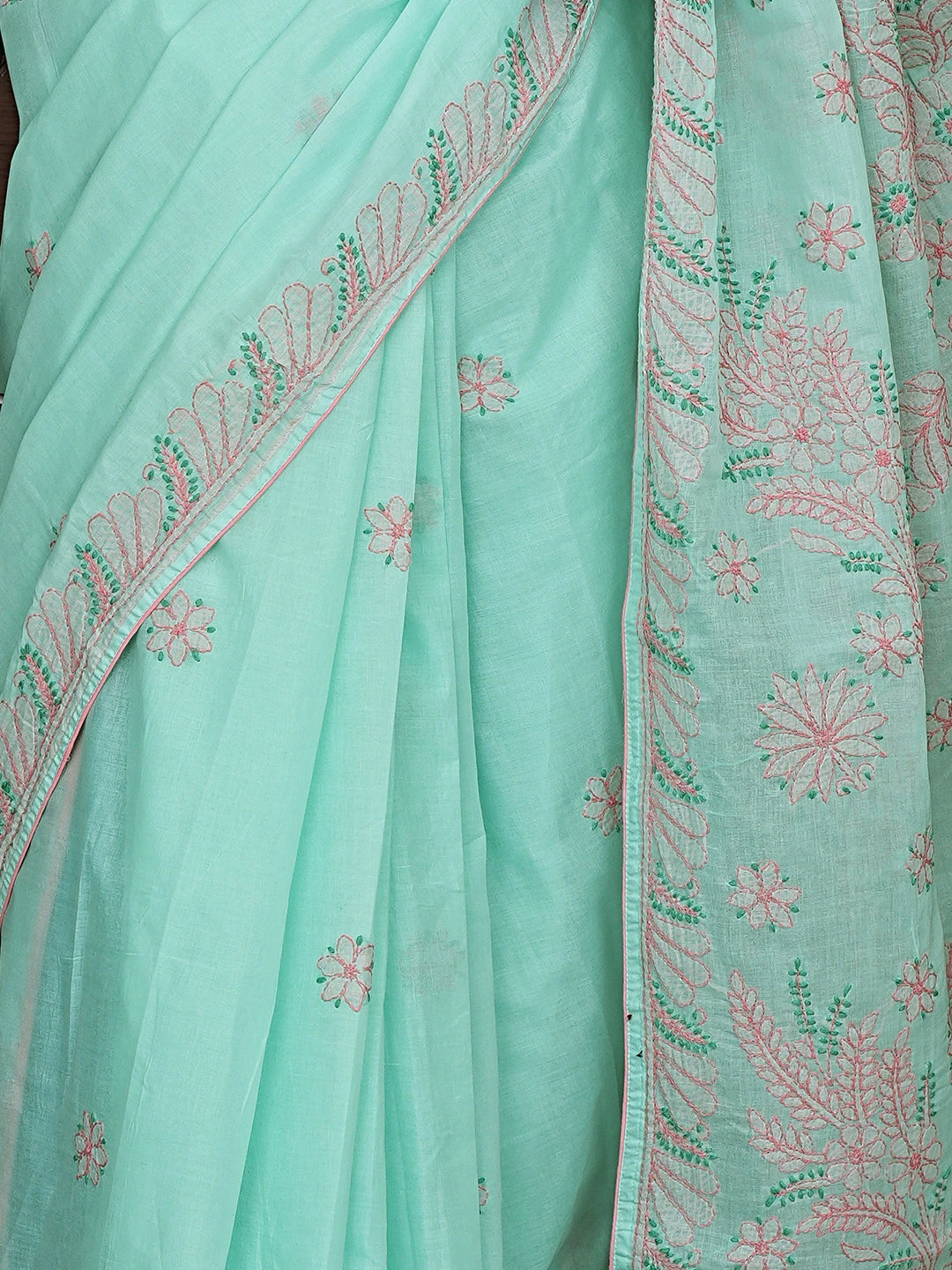 Ada Hand Embroidered Sea Green Cotton Lucknowi Chikankari Saree With Blouse 01A873031