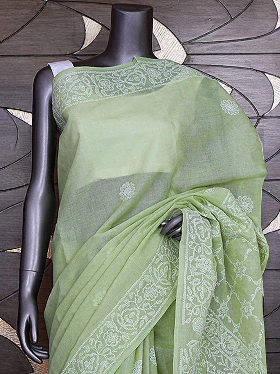 Ada Hand Embroidered Green Cotton Lucknowi Chikankari Saree With Blouse 01A872936