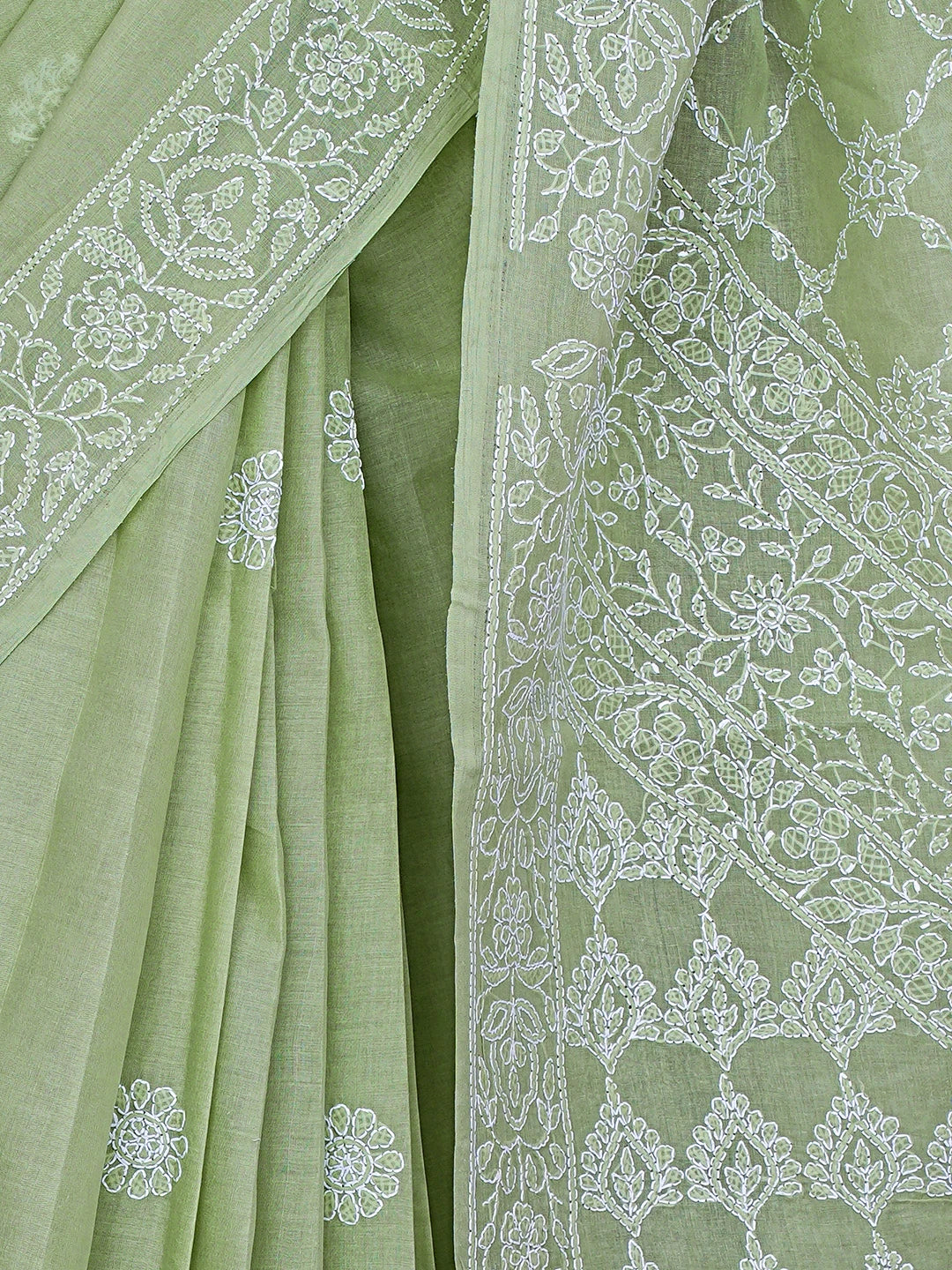 Ada Hand Embroidered Green Cotton Lucknowi Chikankari Saree With Blouse 01A872936
