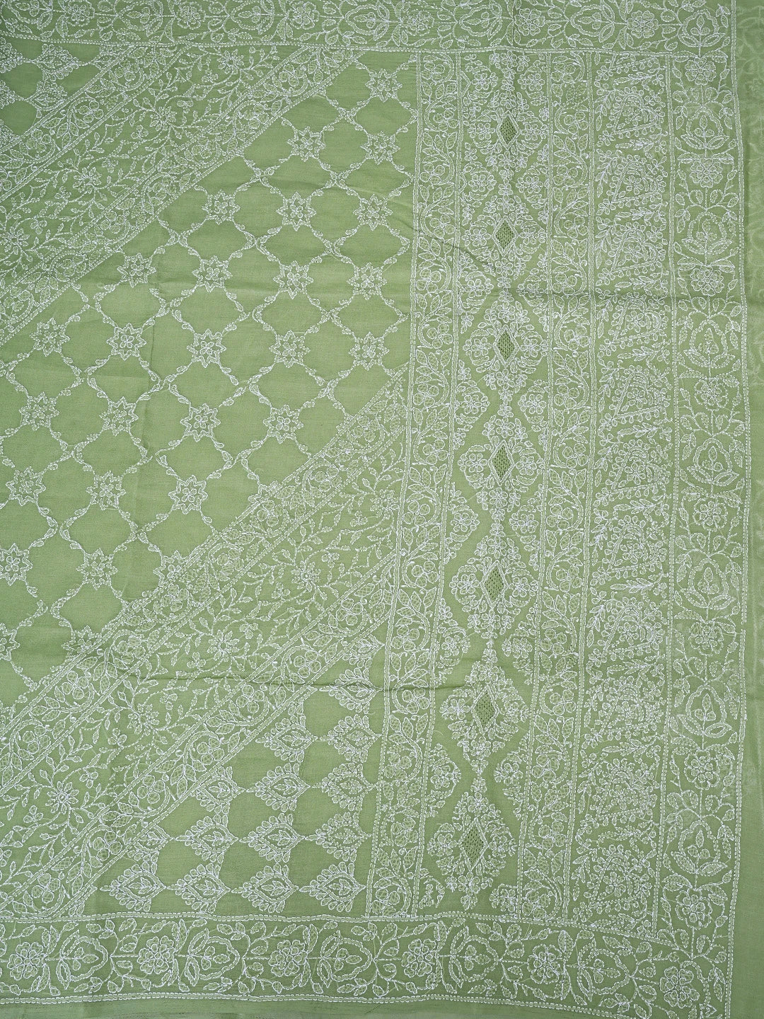 Ada Hand Embroidered Green Cotton Lucknowi Chikankari Saree With Blouse 01A872936