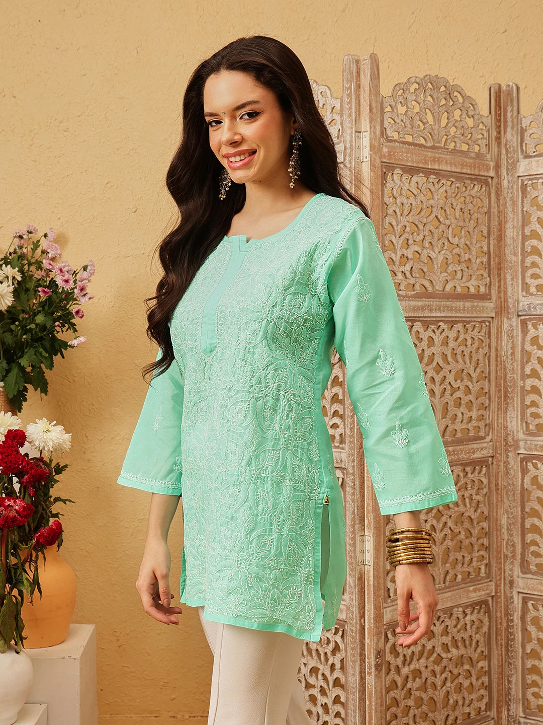 Ada Hand Embroidered Sea Green Cotton Lucknowi Chikankari Straight Kurti A911282