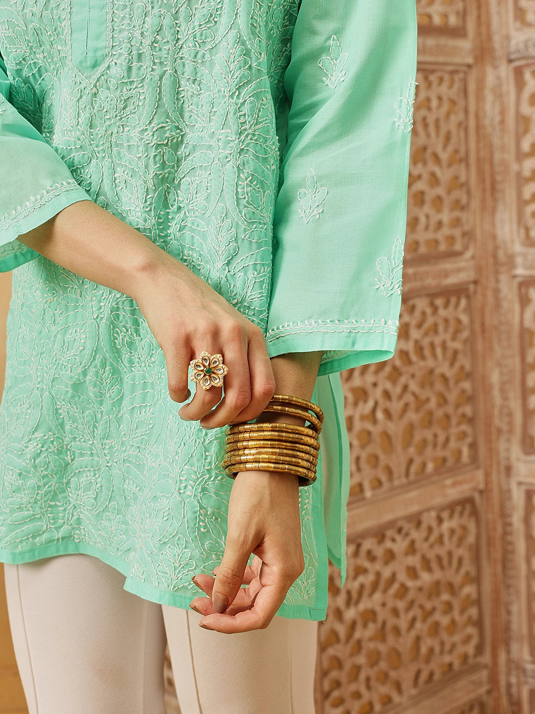 Ada Hand Embroidered Sea Green Cotton Lucknowi Chikankari Straight Kurti A911282