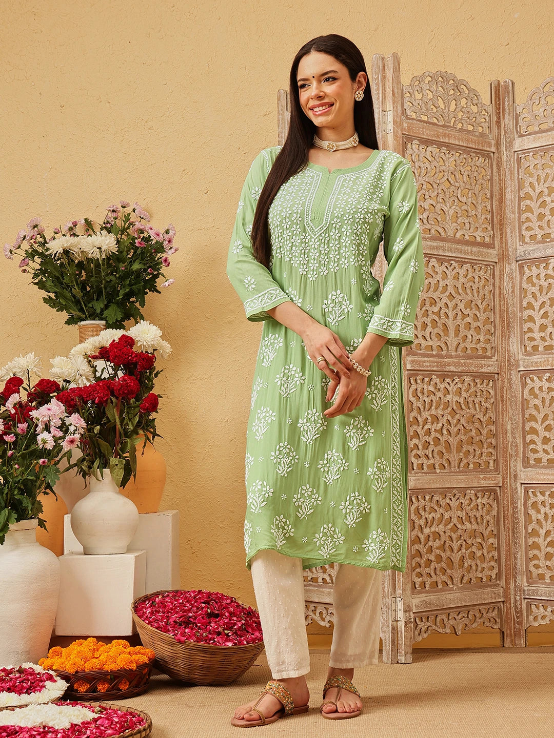 Ada Hand Embroidered Green Modal Lucknowi Chikankari Straight Kurta A411803