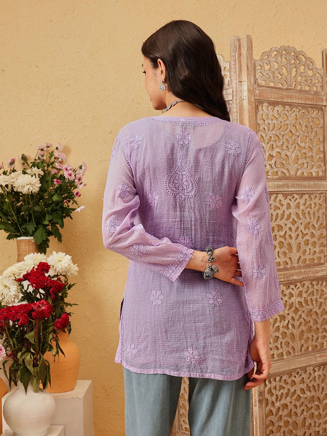 Ada Hand Embroidered Purple Kota Lucknowi Chikankari Short Kurti With Slip A911181