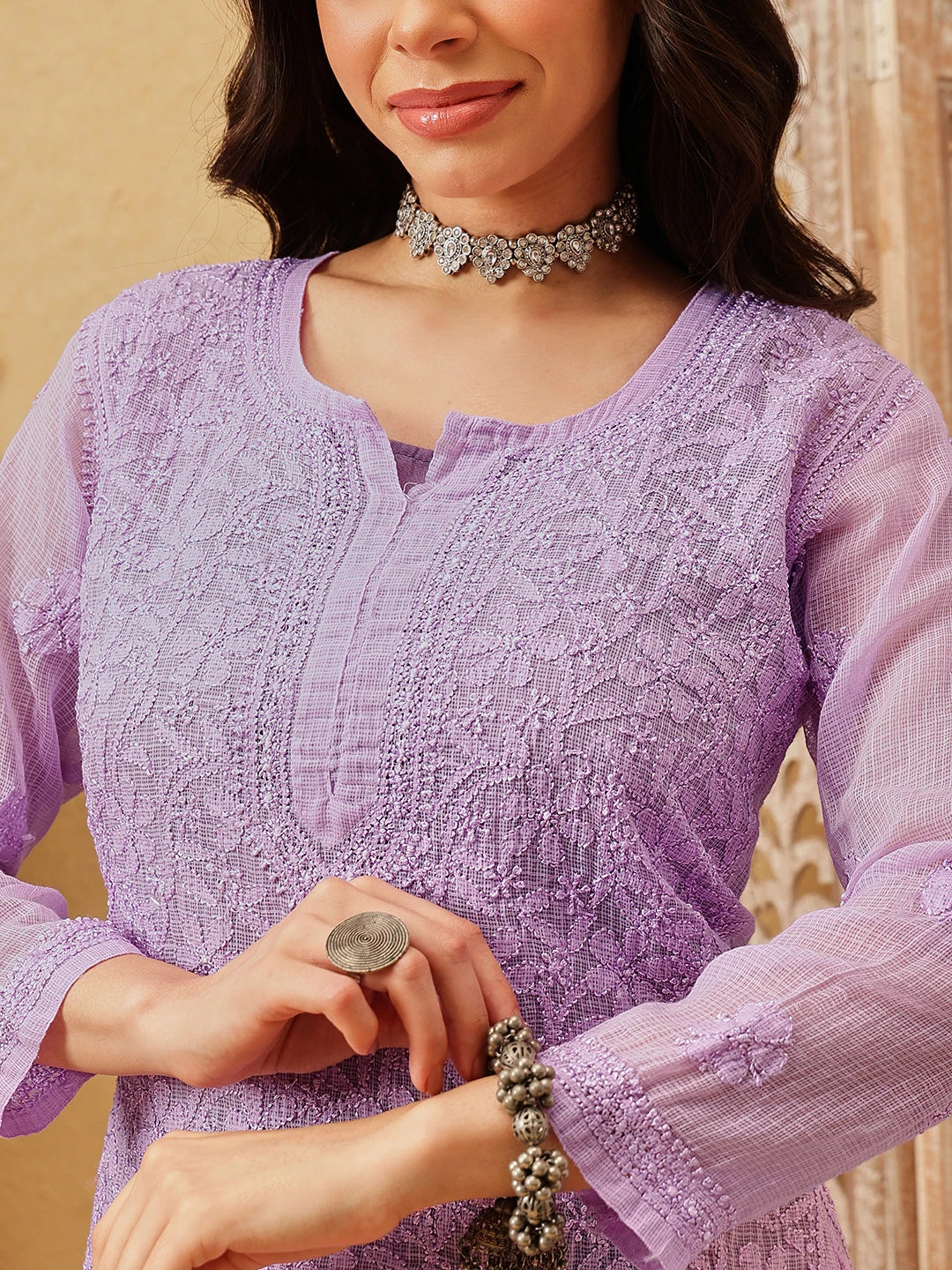 Ada Hand Embroidered Purple Kota Lucknowi Chikankari Short Kurti With Slip A911181