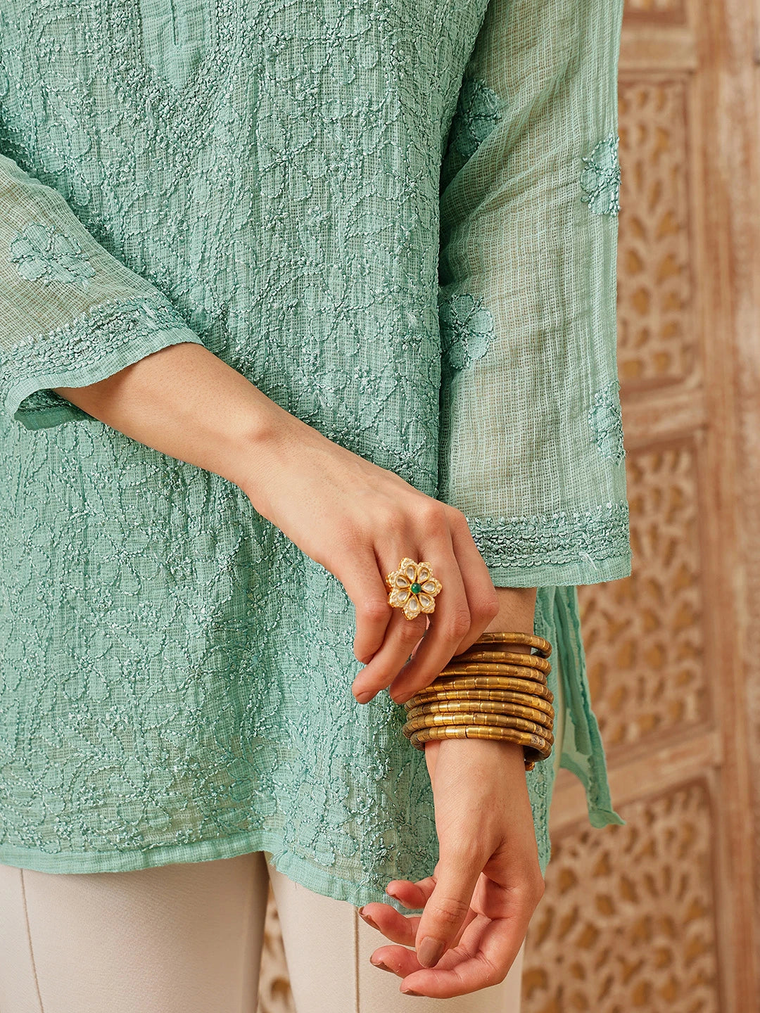 Ada Hand Embroidered Turquoise Green Kota Lucknowi Chikankari Short Kurti With Slip A911180