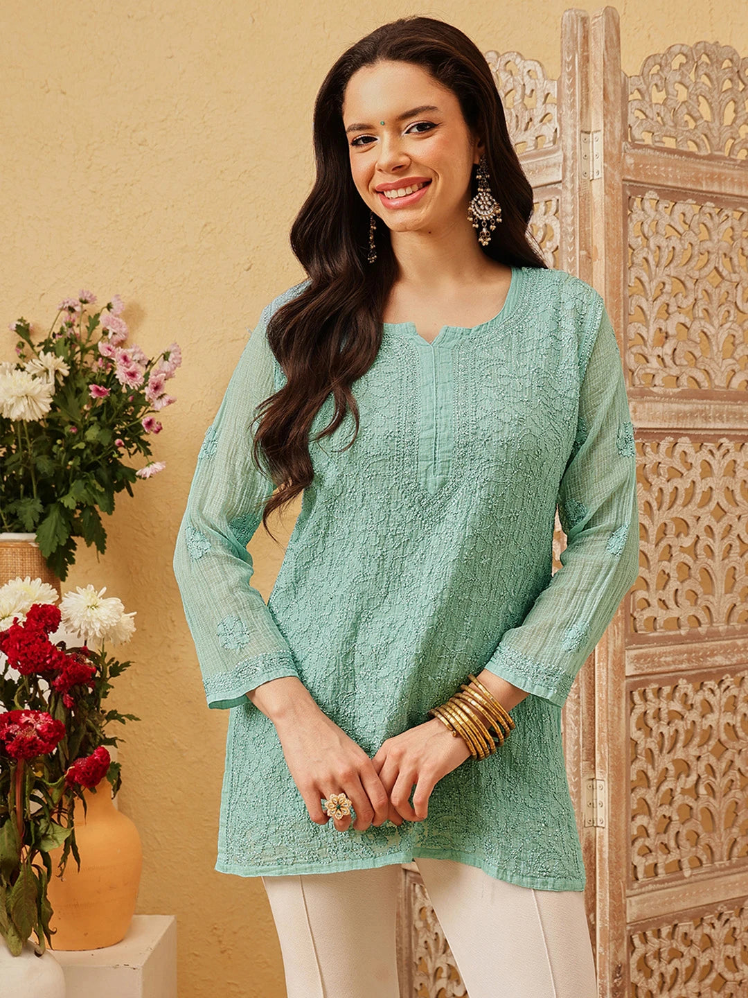 Ada Hand Embroidered Turquoise Green Kota Lucknowi Chikankari Short Kurti With Slip A911180