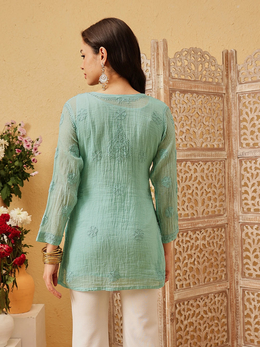 Ada Hand Embroidered Turquoise Green Kota Lucknowi Chikankari Short Kurti With Slip A911180