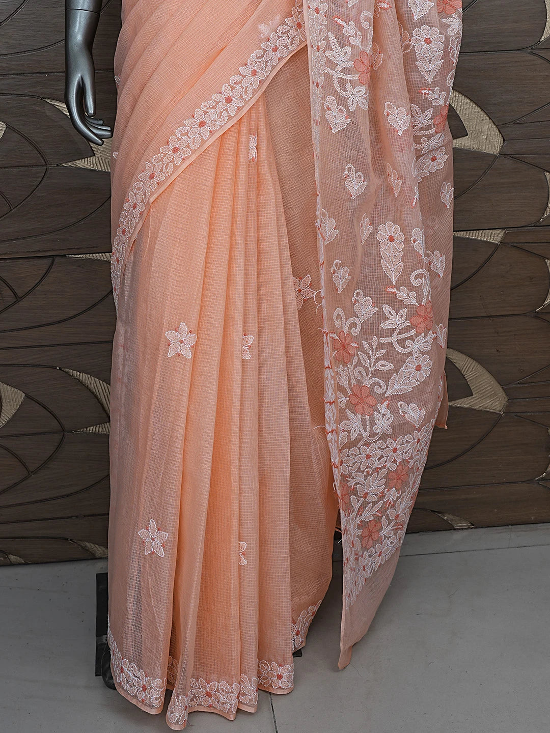 Ada Hand Embroidered Peach Kota Lucknowi Chikankari Saree and Blouse 01A872956