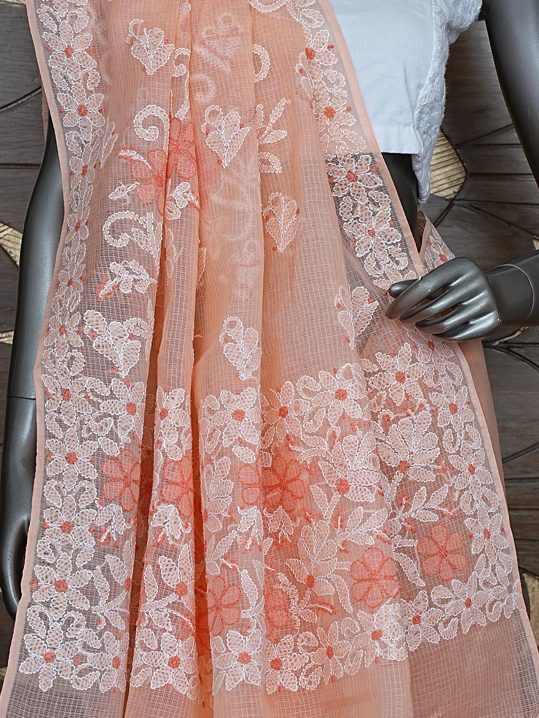 Ada Hand Embroidered Peach Kota Lucknowi Chikankari Saree and Blouse 01A872956