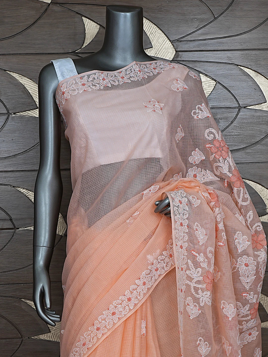 Ada Hand Embroidered Peach Kota Lucknowi Chikankari Saree and Blouse 01A872956
