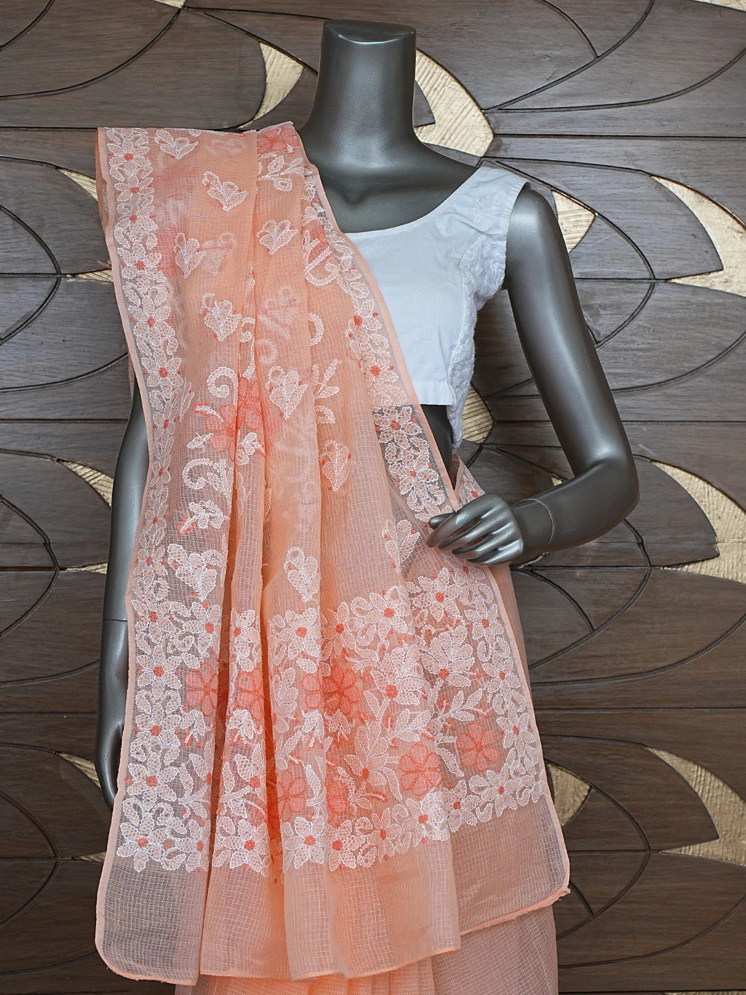 Ada Hand Embroidered Peach Kota Lucknowi Chikankari Saree and Blouse 01A872956