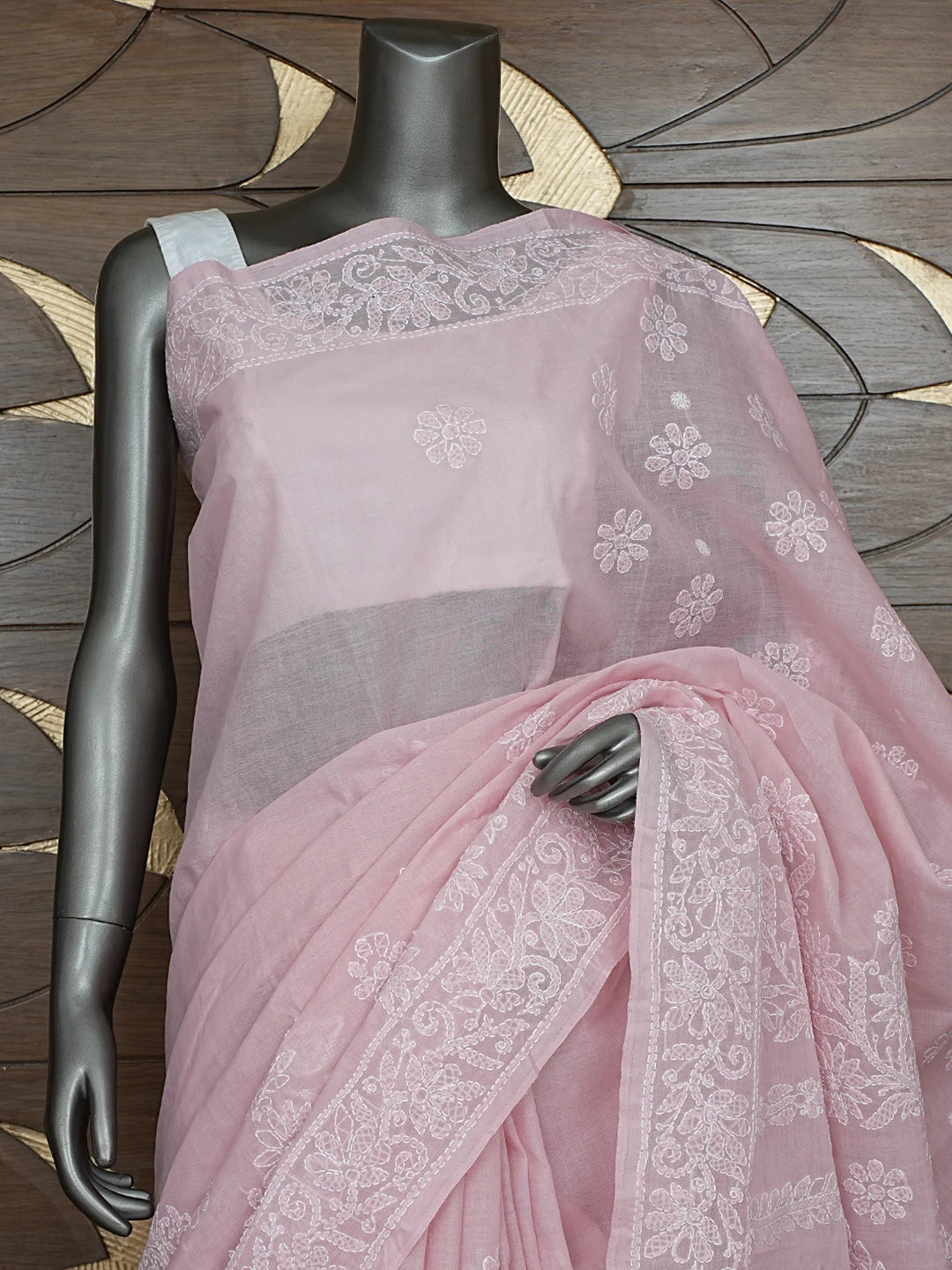 Ada Hand Embroidered Peach Cotton Lucknowi Chikankari Saree With Blouse 01A872984