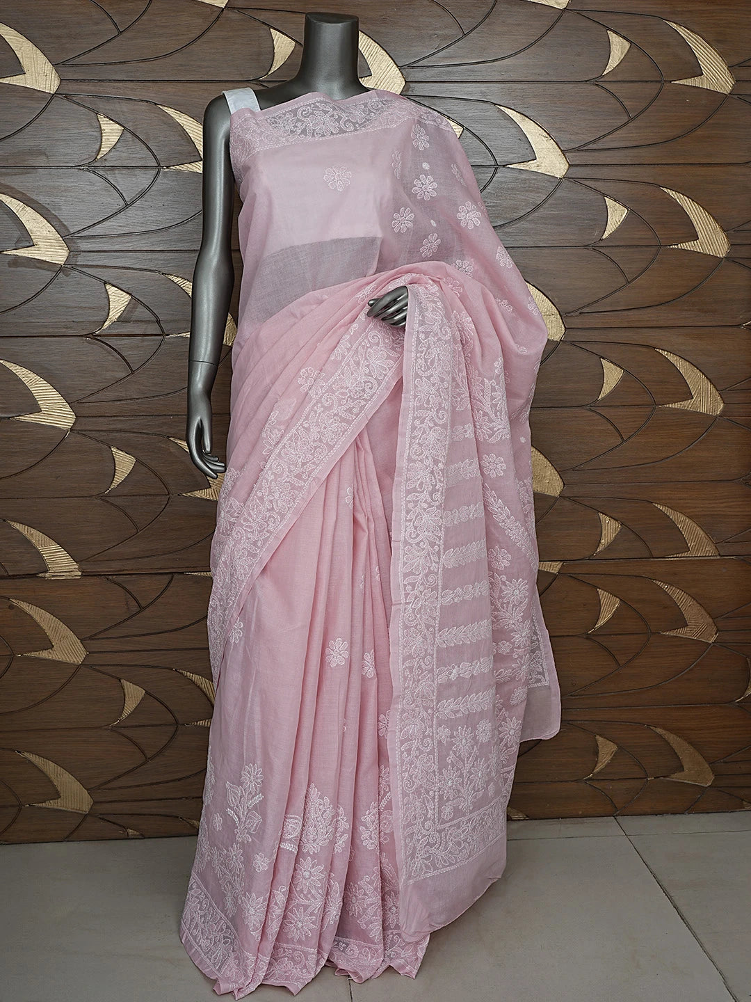Ada Hand Embroidered Peach Cotton Lucknowi Chikankari Saree With Blouse 01A872984
