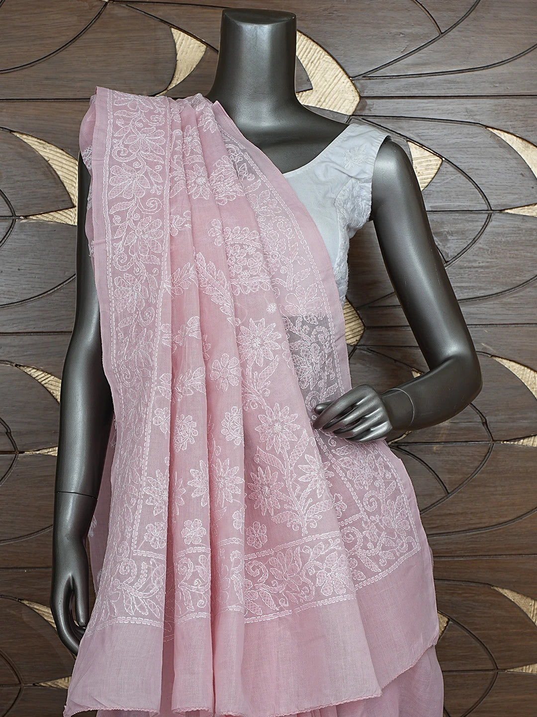 Ada Hand Embroidered Peach Cotton Lucknowi Chikankari Saree With Blouse 01A872984