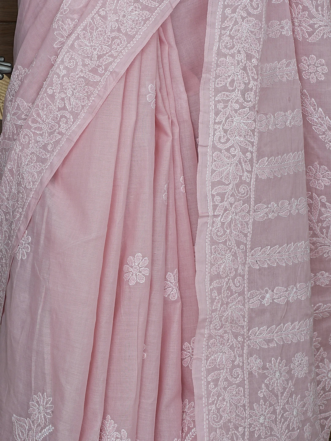 Ada Hand Embroidered Peach Cotton Lucknowi Chikankari Saree With Blouse 01A872984