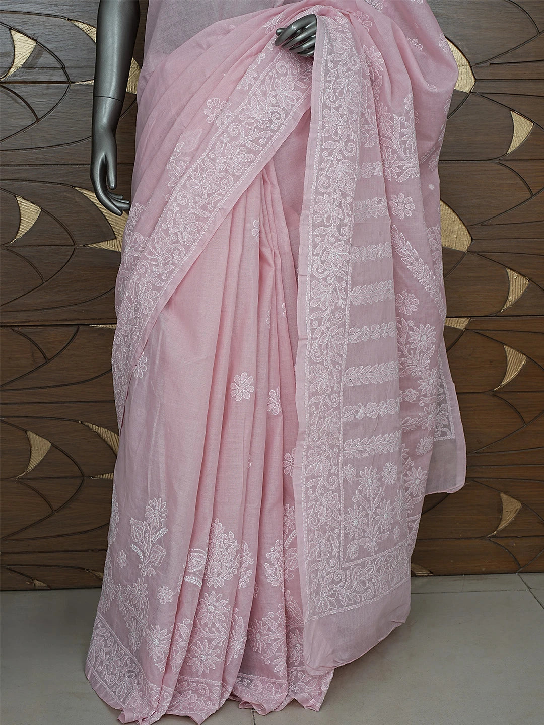 Ada Hand Embroidered Peach Cotton Lucknowi Chikankari Saree With Blouse 01A872984