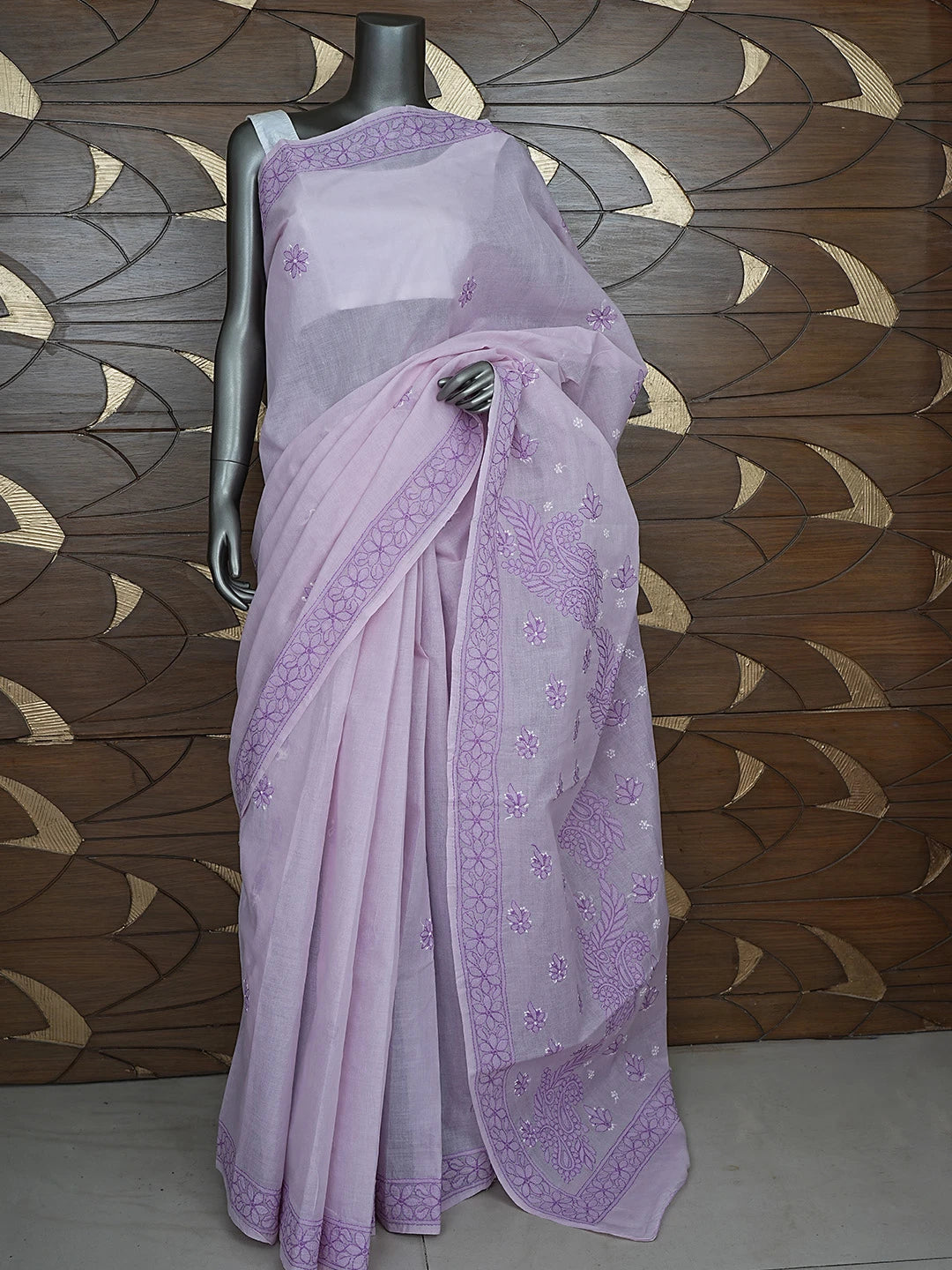 Ada Hand Embroidered Lavender Cotton Lucknowi Chikankari Saree and Blouse 01A872911