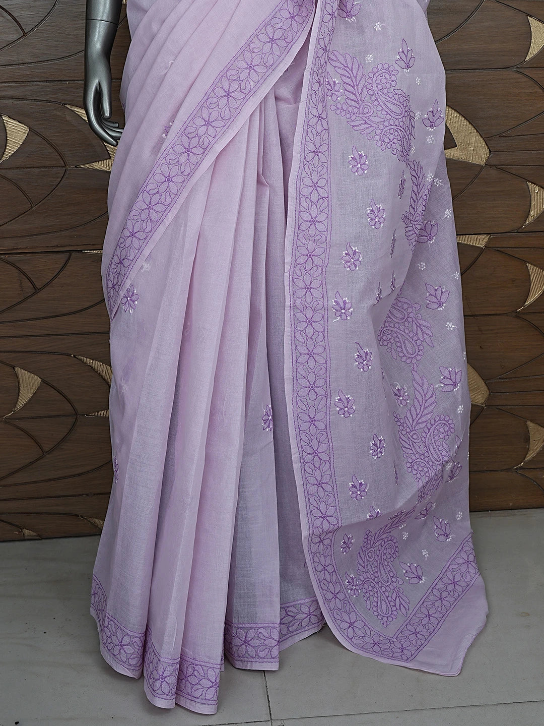 Ada Hand Embroidered Lavender Cotton Lucknowi Chikankari Saree and Blouse 01A872911